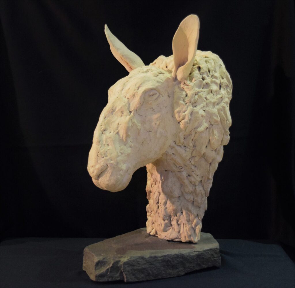 Head of ewe in stoneware clay on stone base